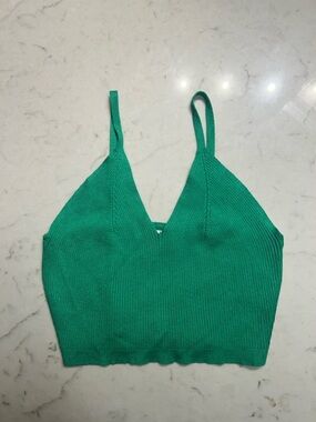 Green Ribbed V-Neck Cropped Tank Top